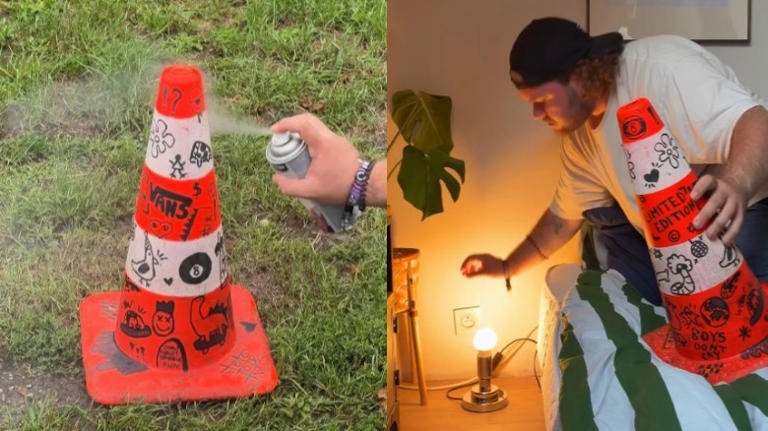 He uses an old traffic cone to DIY a funky, one-of-a-kind lamp