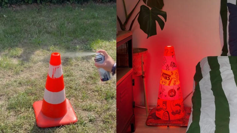 He uses an old traffic cone to DIY a funky, one-of-a-kind lamp