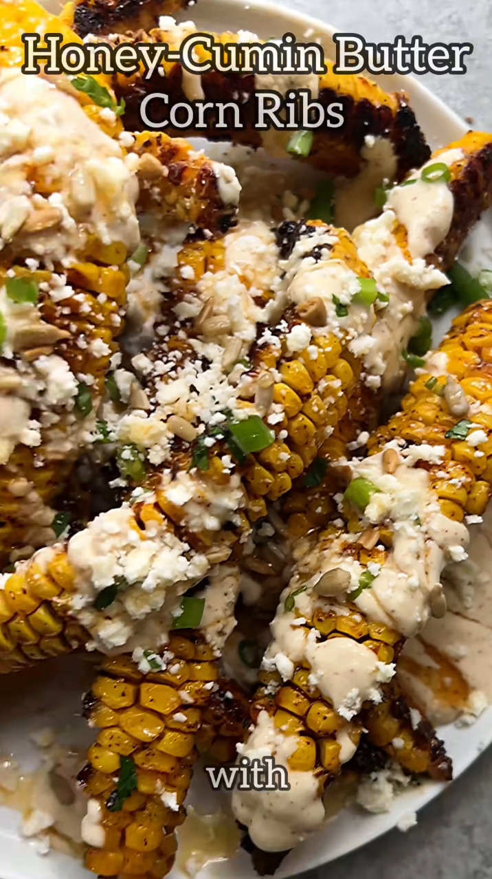 Honey cumin corn ribs with chipotle lime crema