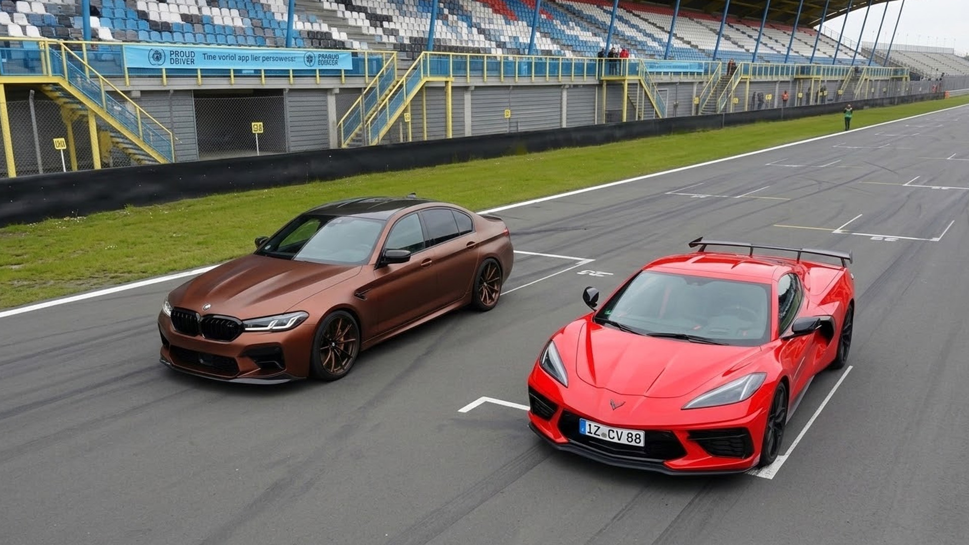 BMW M5 Competition lines up against a Corvette C8