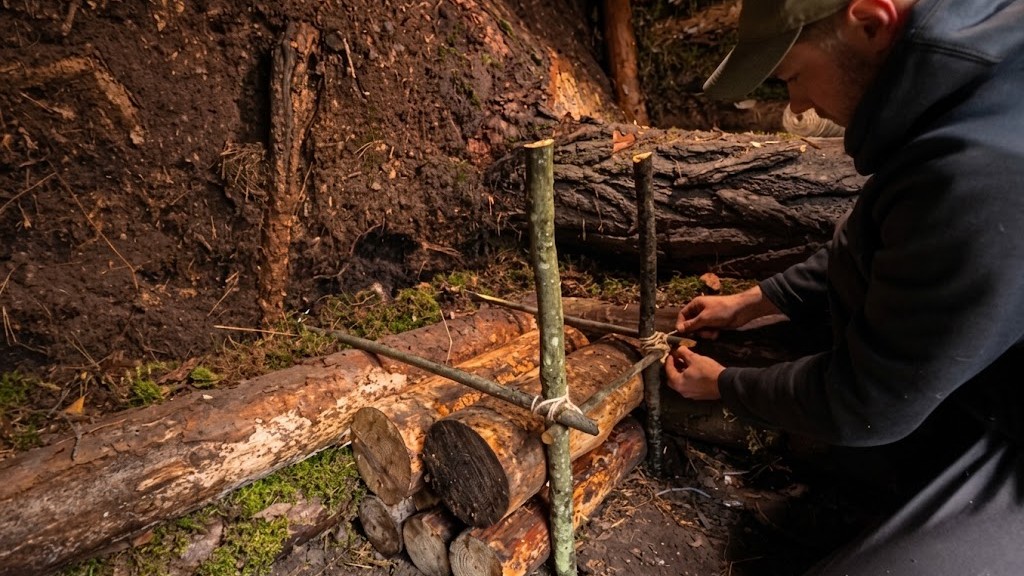 Inside a secret underground log cabin in the wilderness
