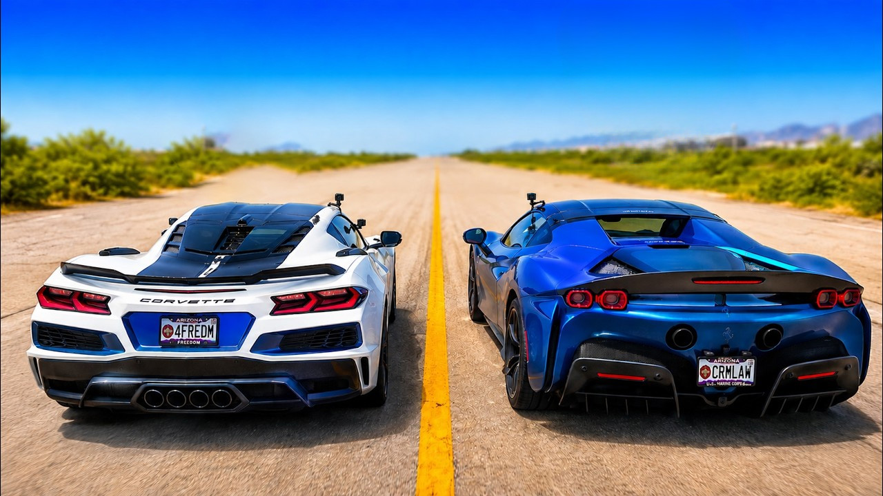 V8 Ferrari SF90 vs 1250HP Corvette ZR1X drag race