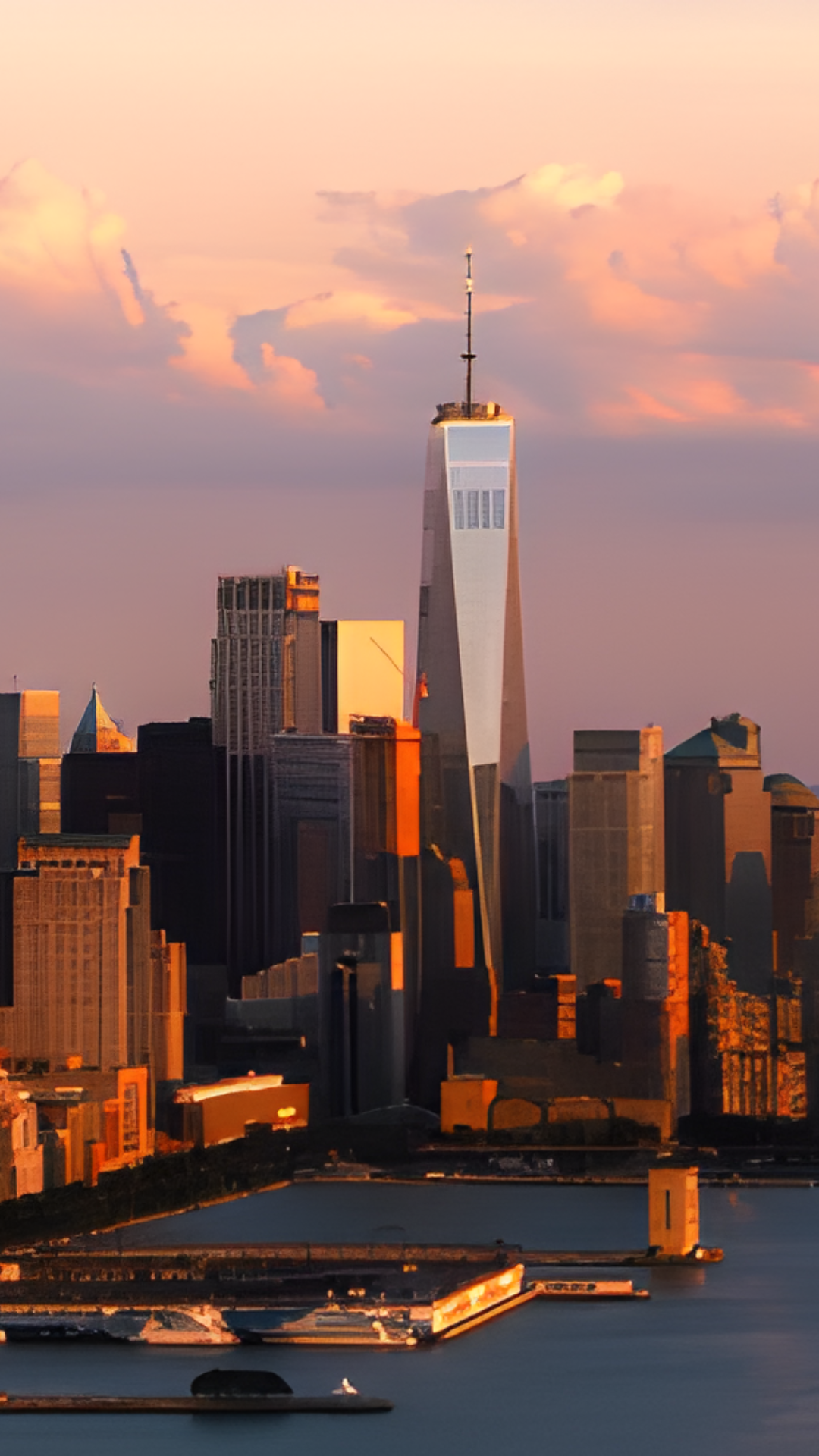 New York City sunset drone view featuring One World Trade Center