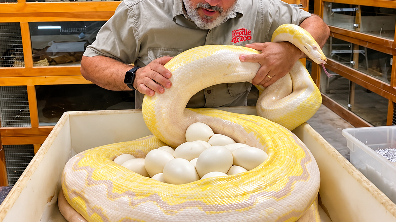 This albino python laid 48 eggs in one massive clutch