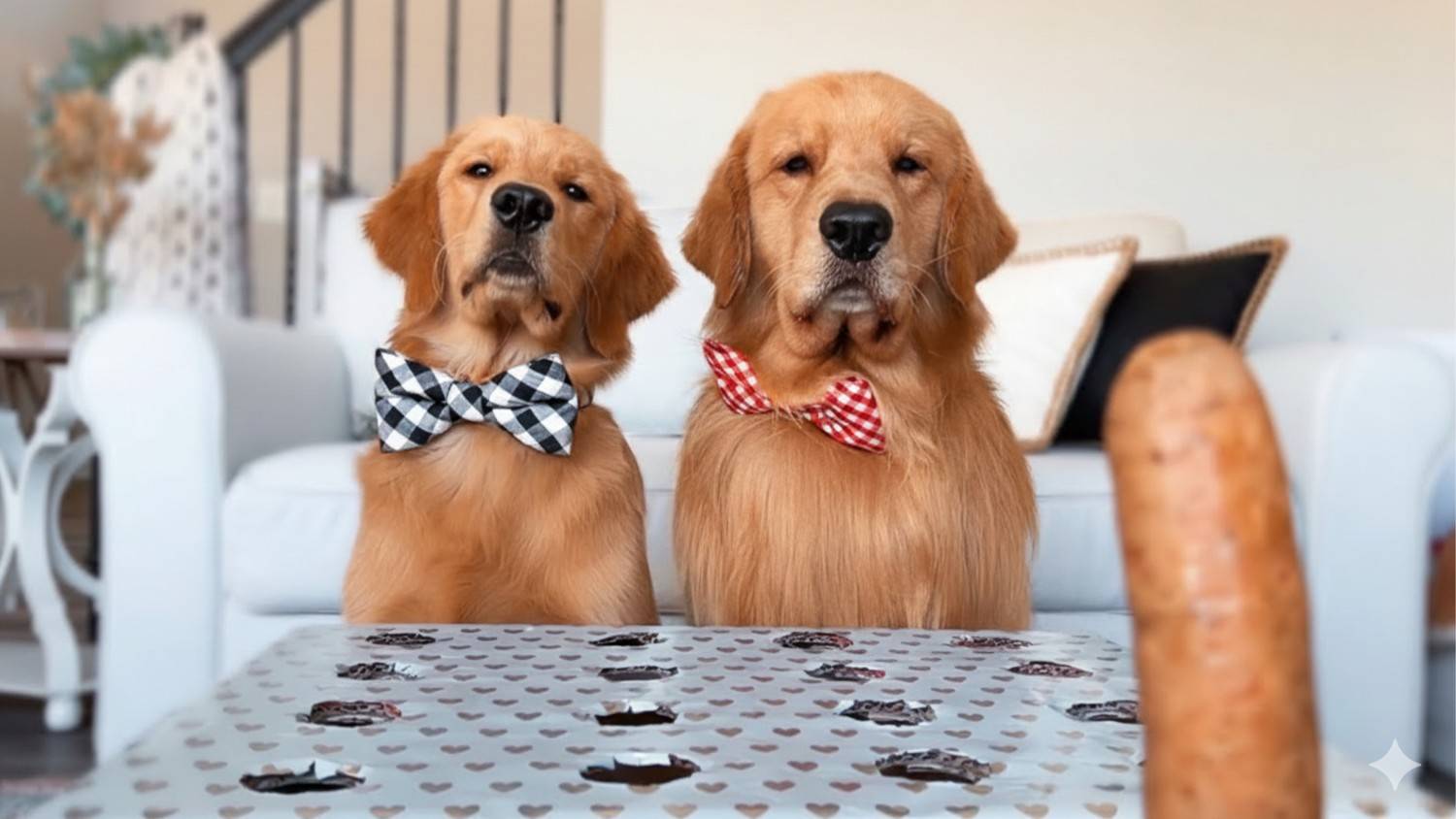 Golden retrievers wait for one hot dog