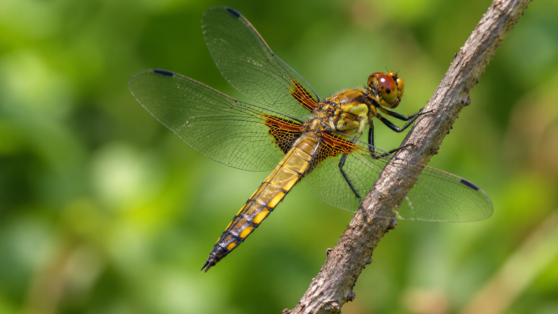 A bright dragonfly pauses on a branch in camera trap footage