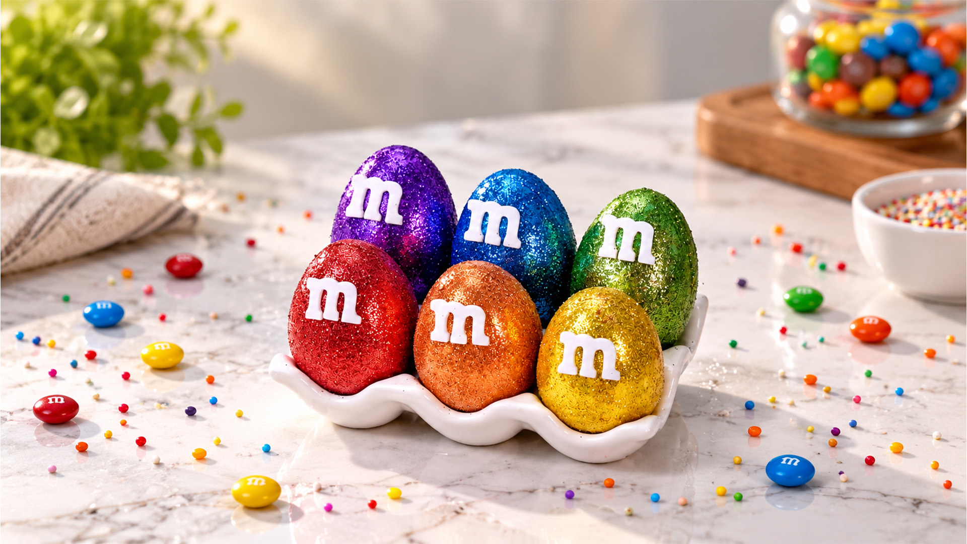 Glittering chocolate eggs packed with M&M’s candy