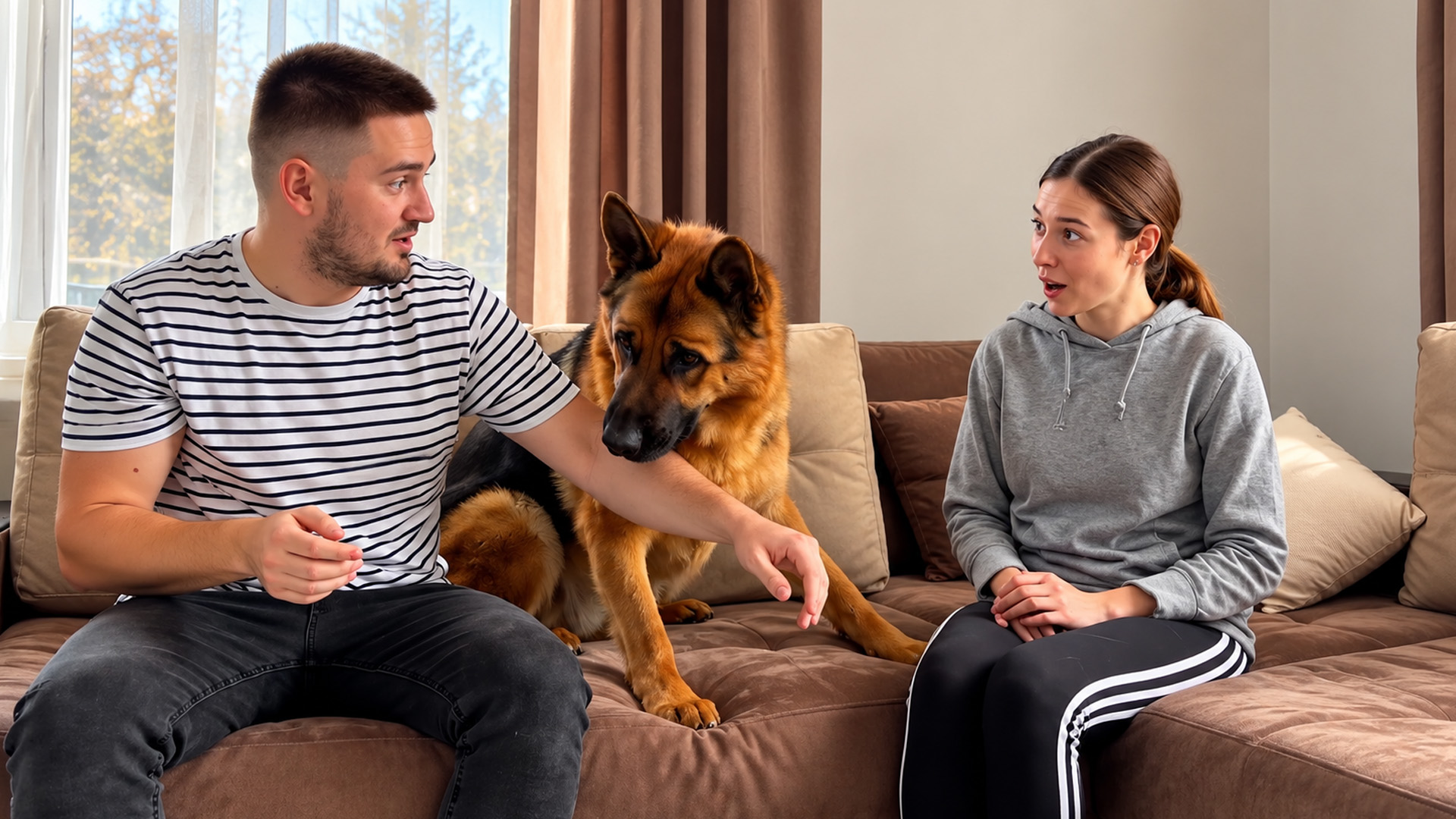German shepherd quickly moves to protect his owner