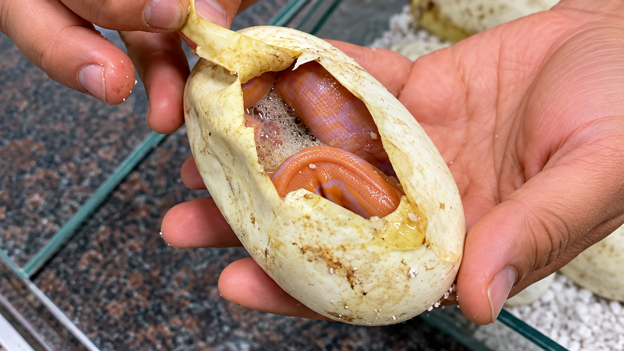 Baby snakes absorb their first meal before leaving the egg