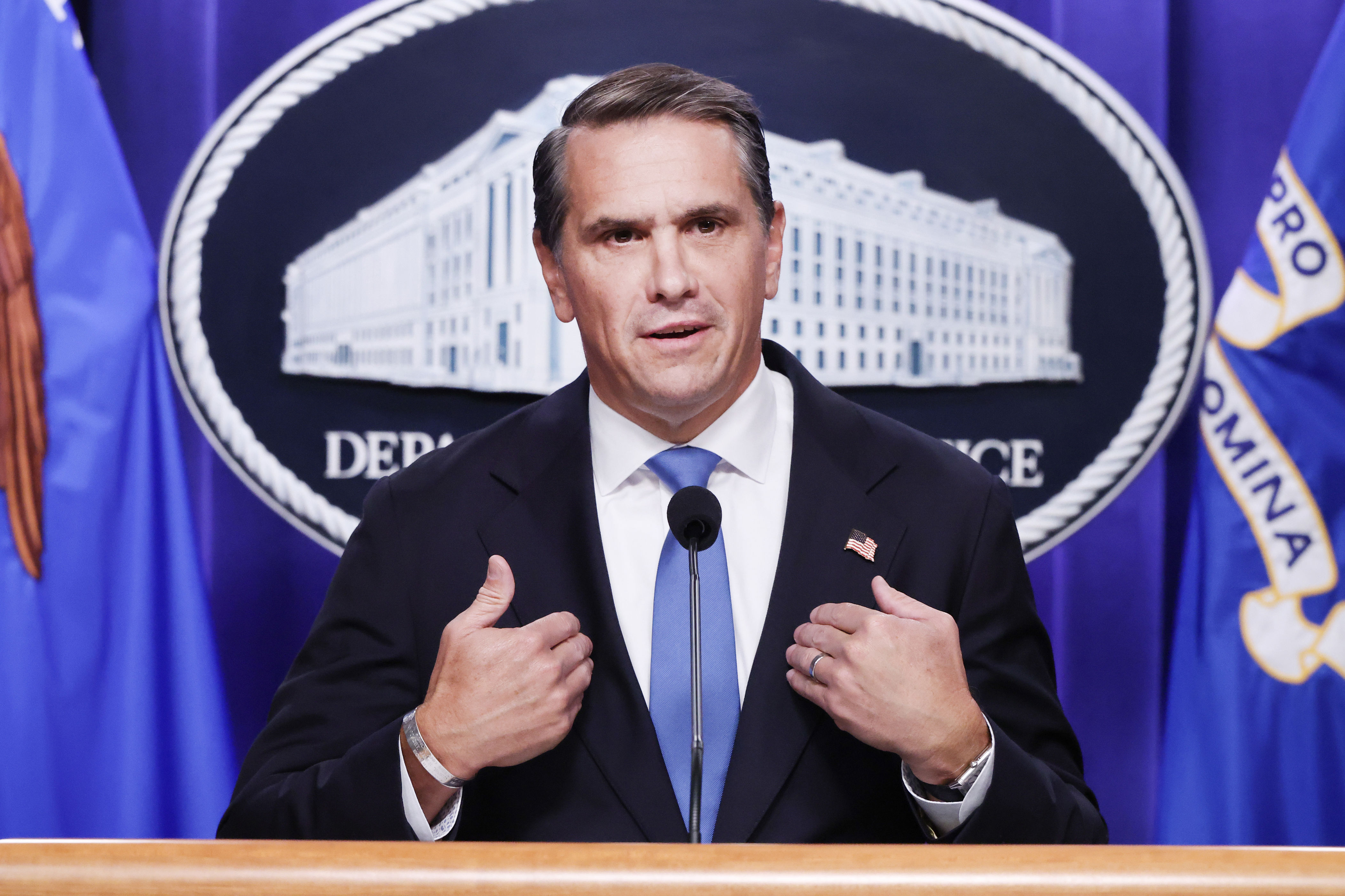 Attorney General Todd Blanche speaks alongside Secretary of Homeland Security Markwayne Mullin during a news conference at the Robert F Kennedy Department of Justice building on September 30, 2026 (Anna Moneymaker/Getty Images)