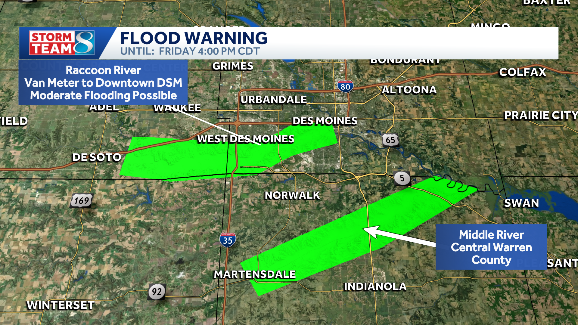 Weather impact: Flood warning for Raccoon, Middle rivers