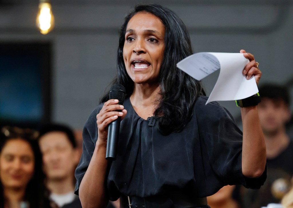 Los Angeles City Council member and mayoral candidate Nithya Raman speaks at a campaign celebration with volunteers and supporters marking her advance into the general election, on June 13 in North Hollywood, California. At a mayoral forum this week, Raman discussed her use of the word “genocide” and her thoughts on BDS.