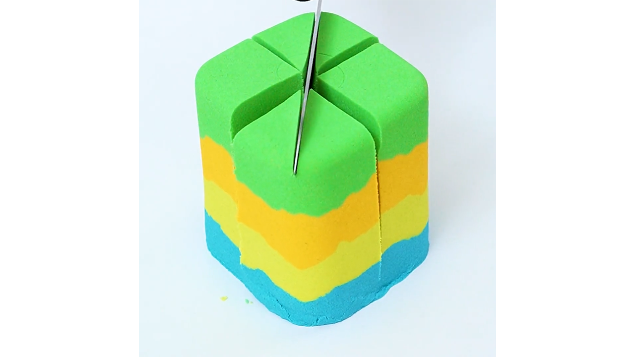 Satisfying slicing green rainbow sand block with knife creating perfect ...