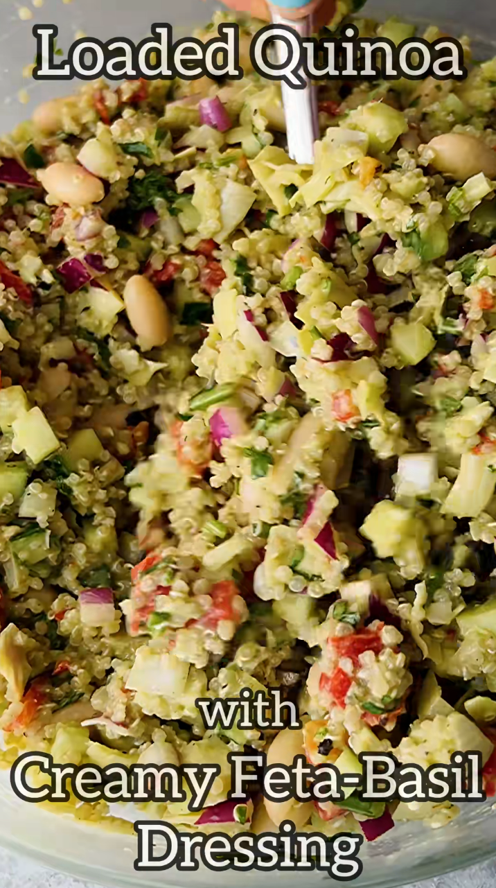 Loaded quinoa with creamy feta basil dressing