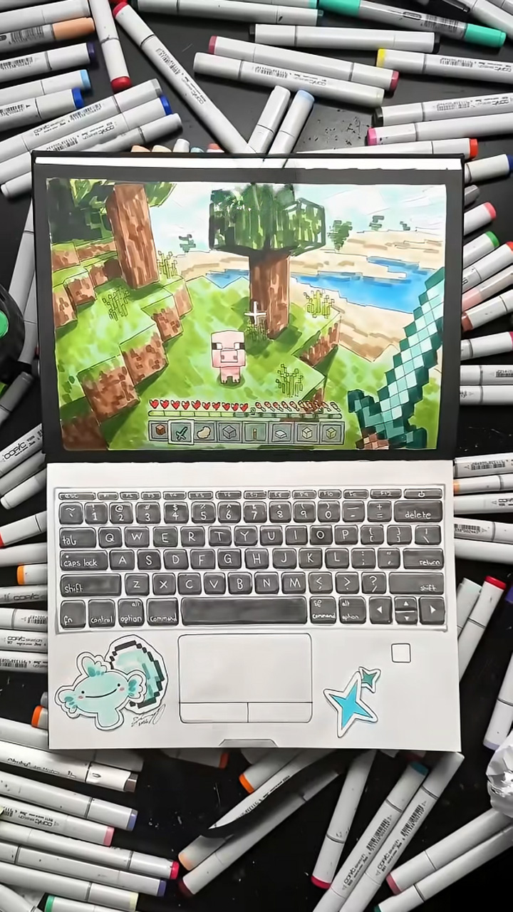 Realistic Hand Drawing A Laptop With Minecraft Played In It