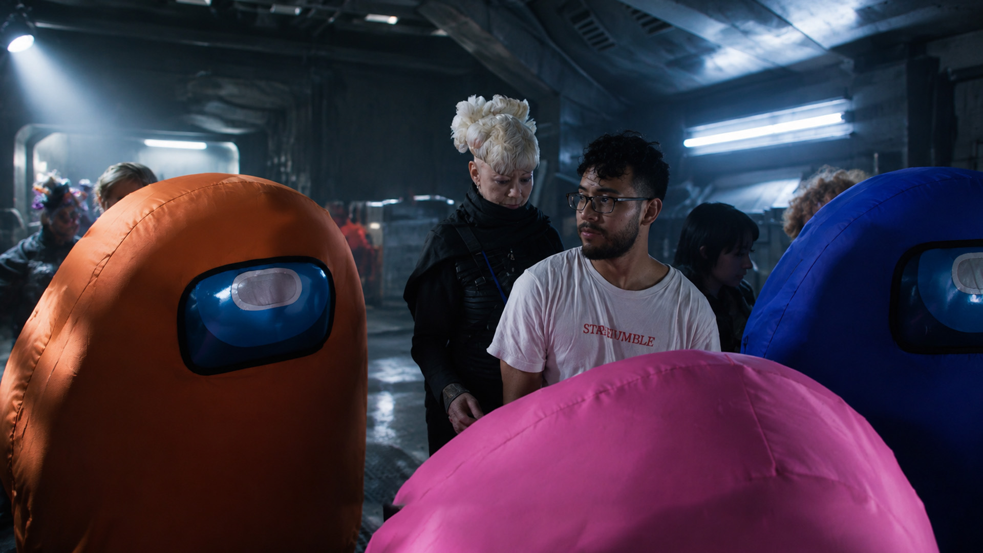 Actors can barely see inside these homemade space suits