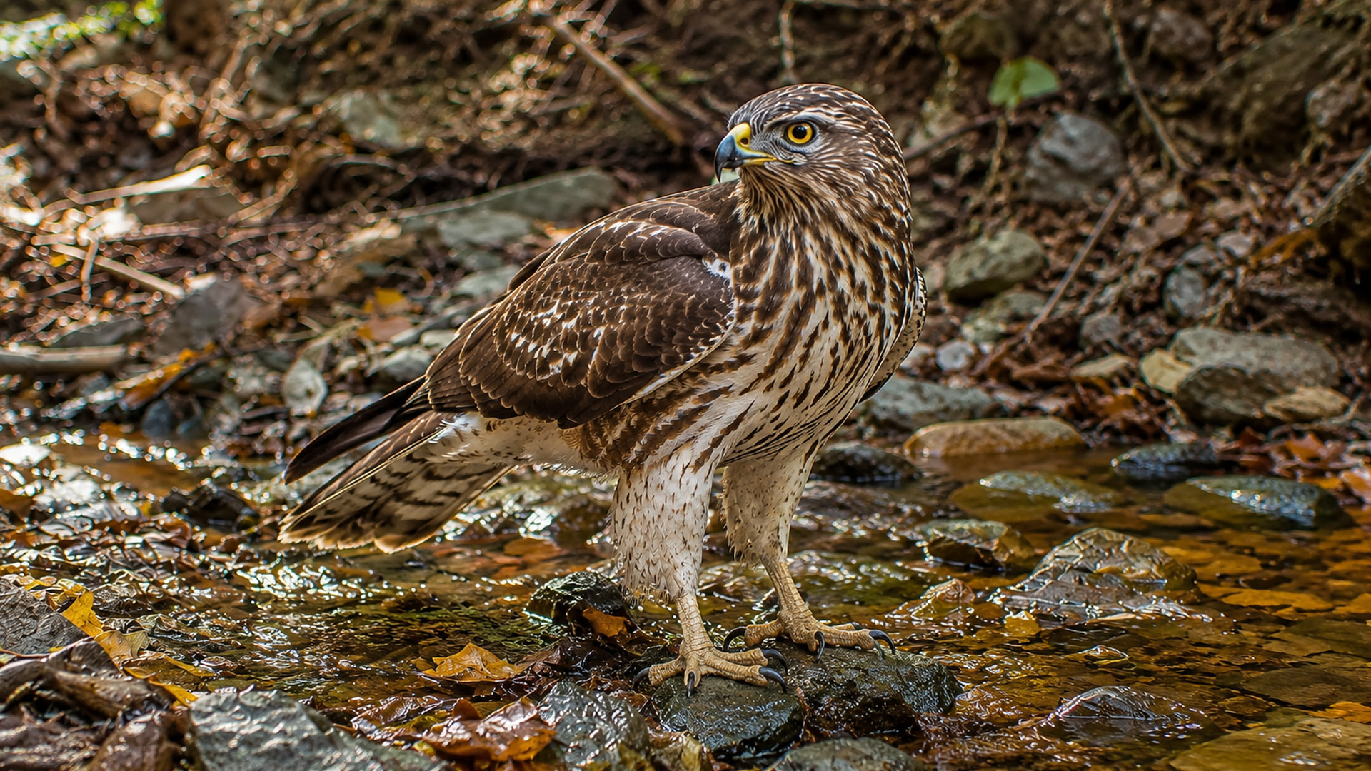 Watchful hawk surveys a shallow woodland stream in camera trap footage