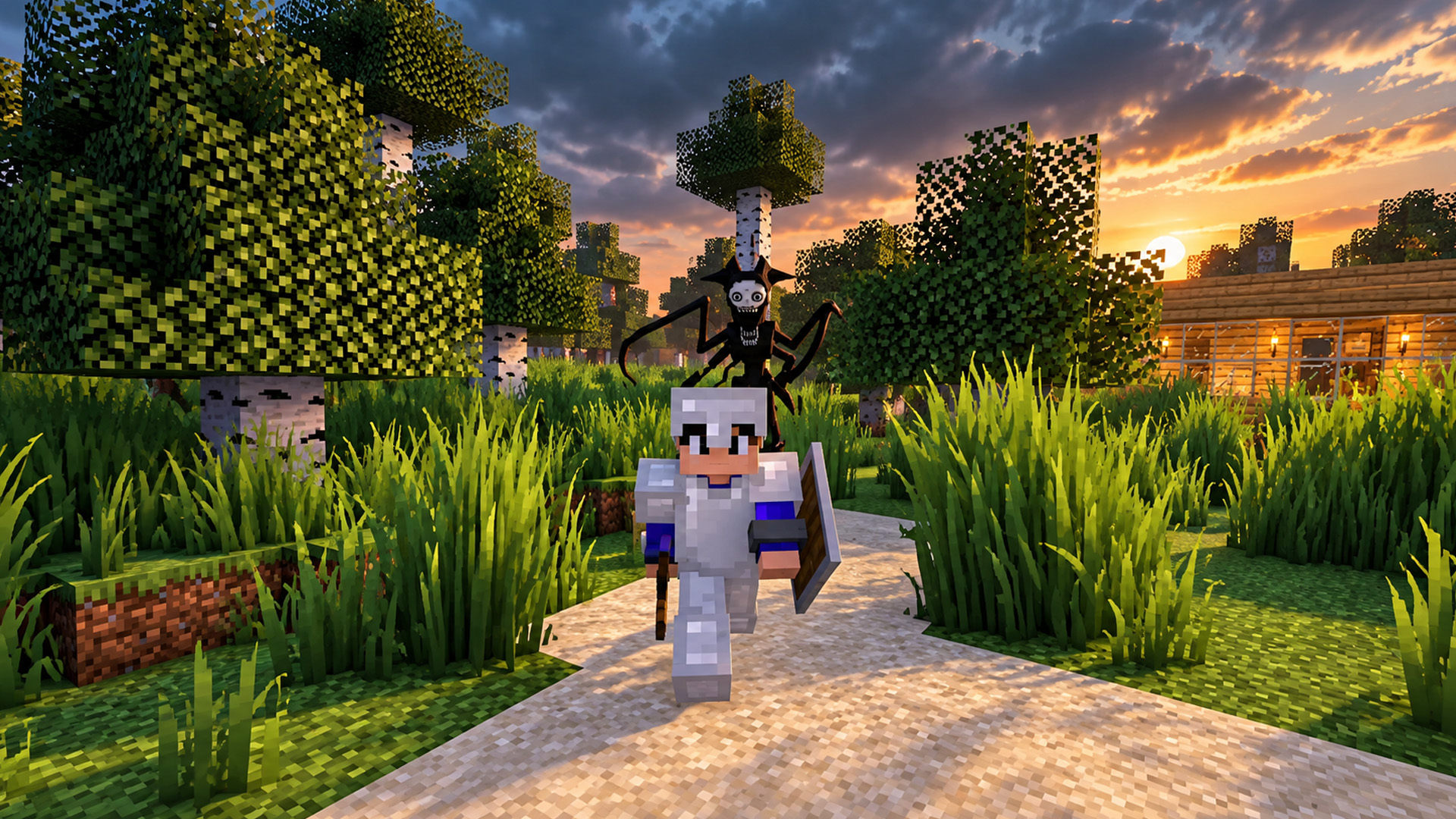Um monstro caça pela grama alta no Minecraft