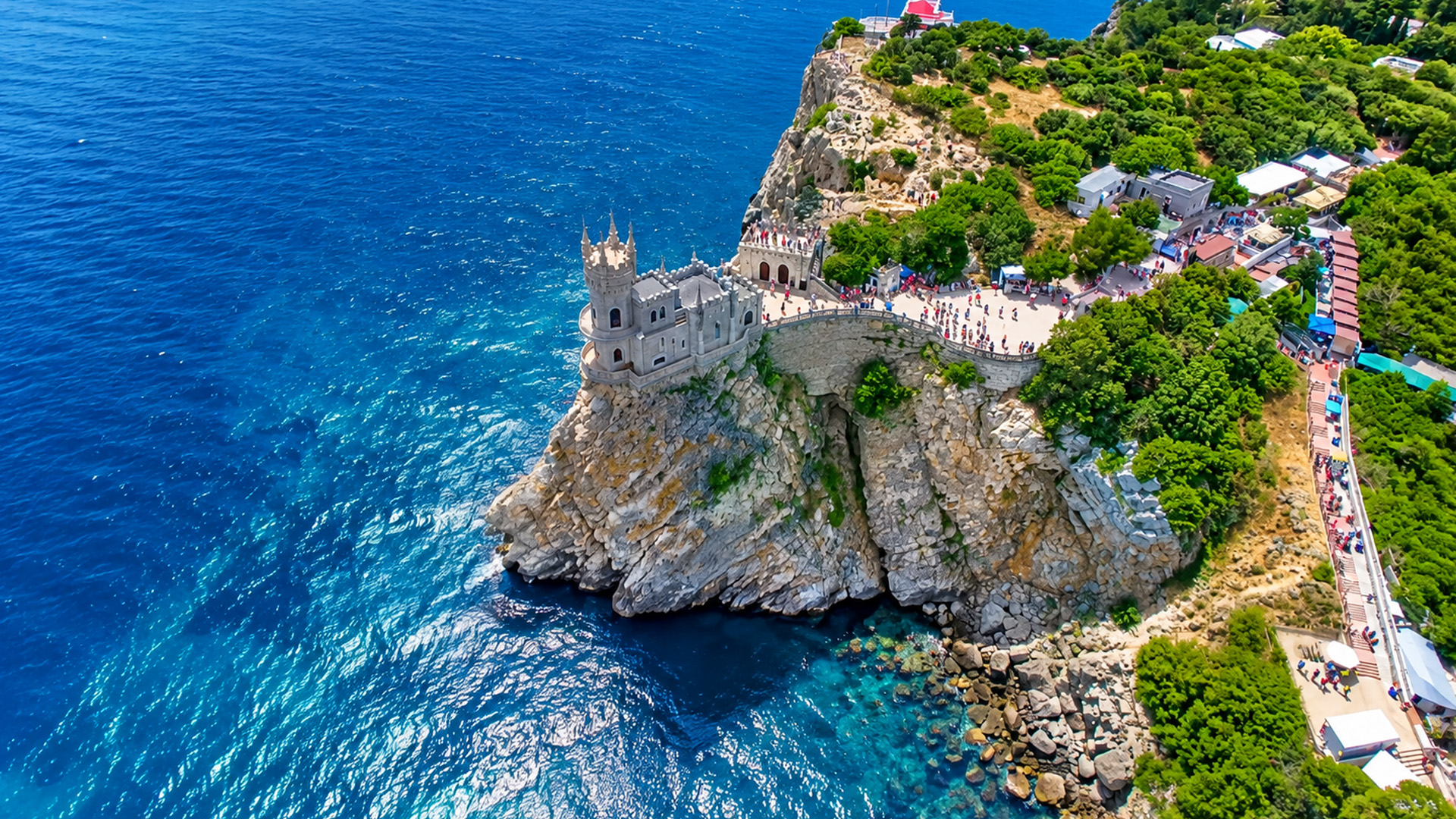 A cliffside castle hanging above the Black Sea