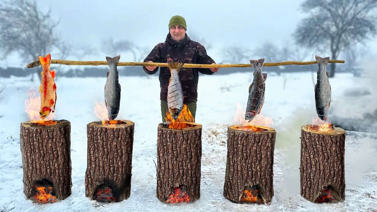 How to cook fresh trout inside wooden logs - this snowy mountain method ...