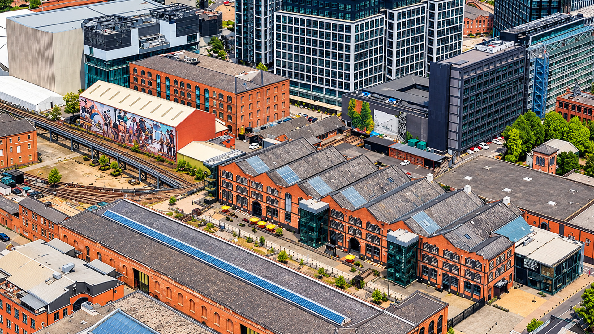 Manchester’s Science and Industry Museum in a wide aerial view