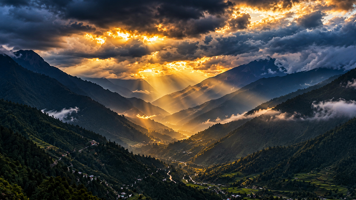 Los rayos del sol iluminan un valle oculto entre las montañas