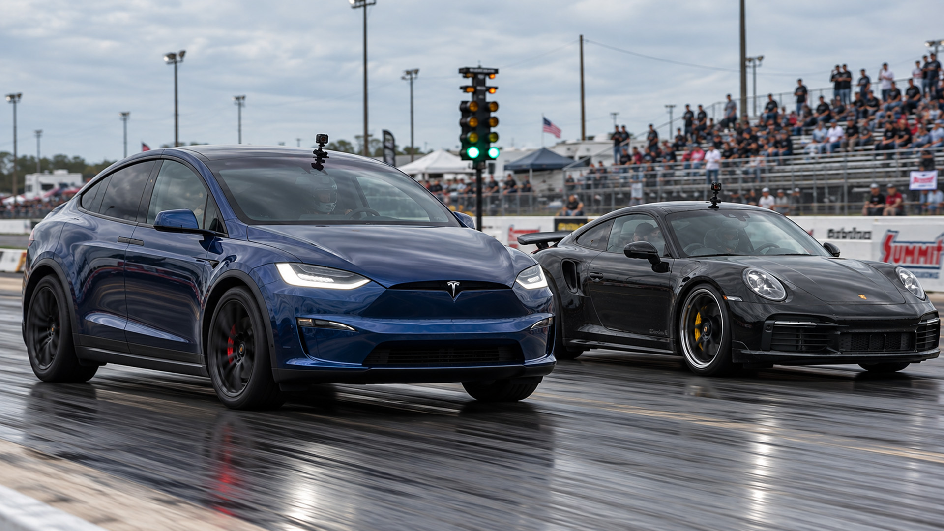 1,000HP Porsche Turbo S chases Tesla Model X Plaid drag race