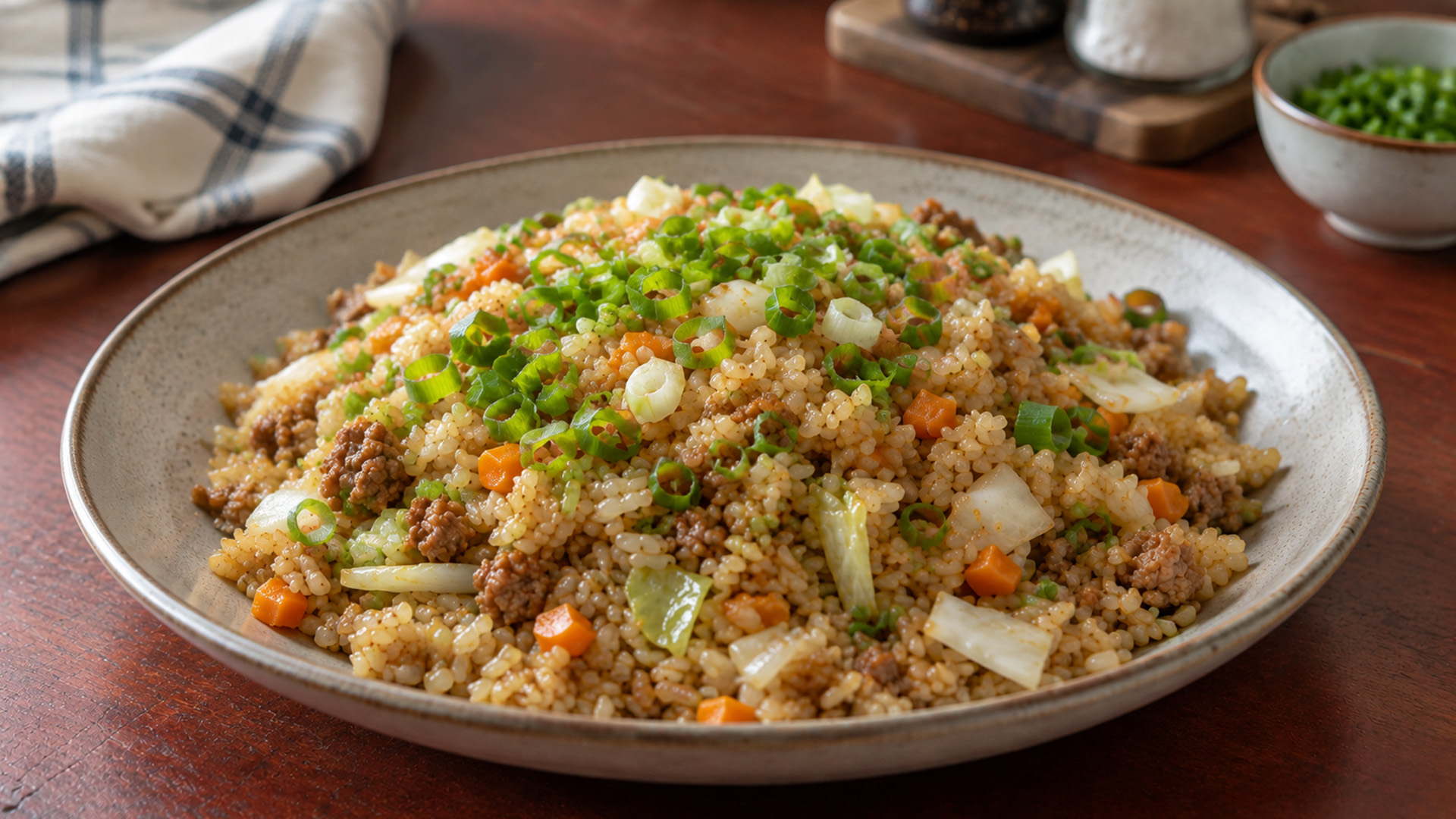 Fluffy fried rice with tender ground beef