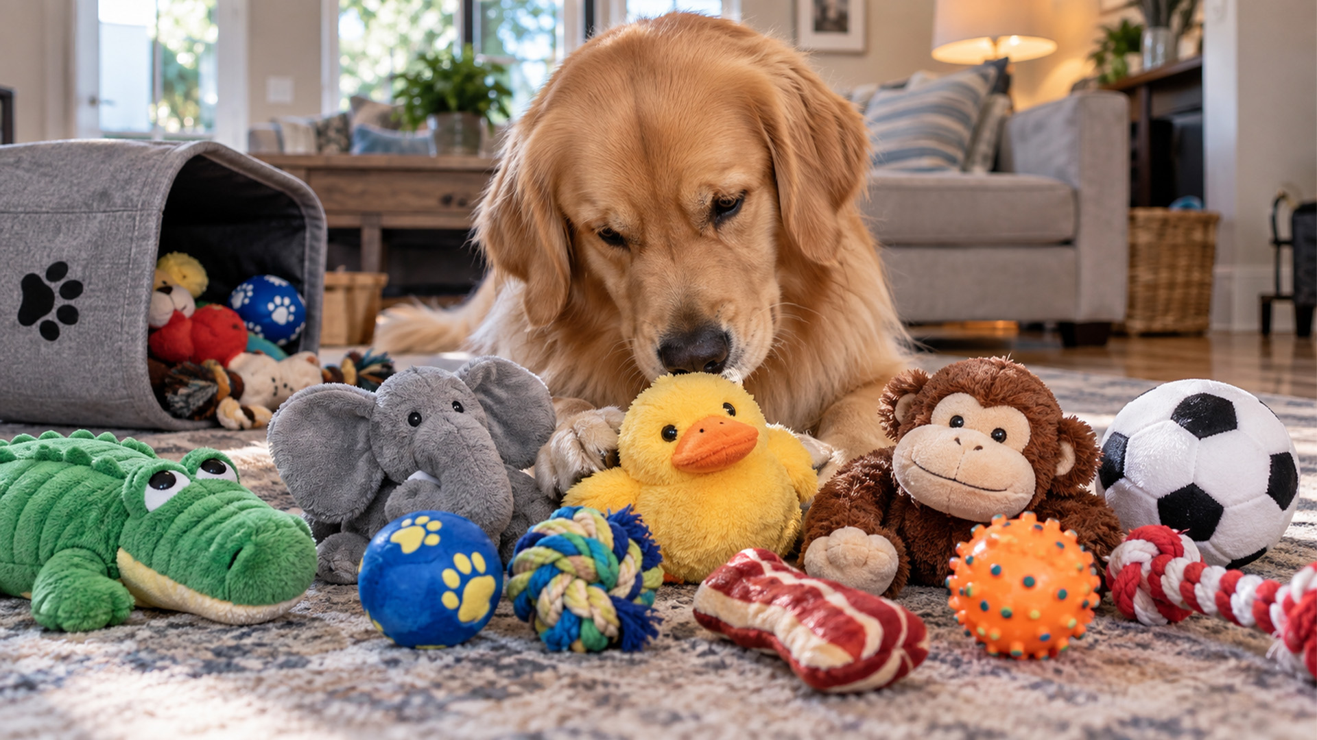Golden retriever rates his toy collection