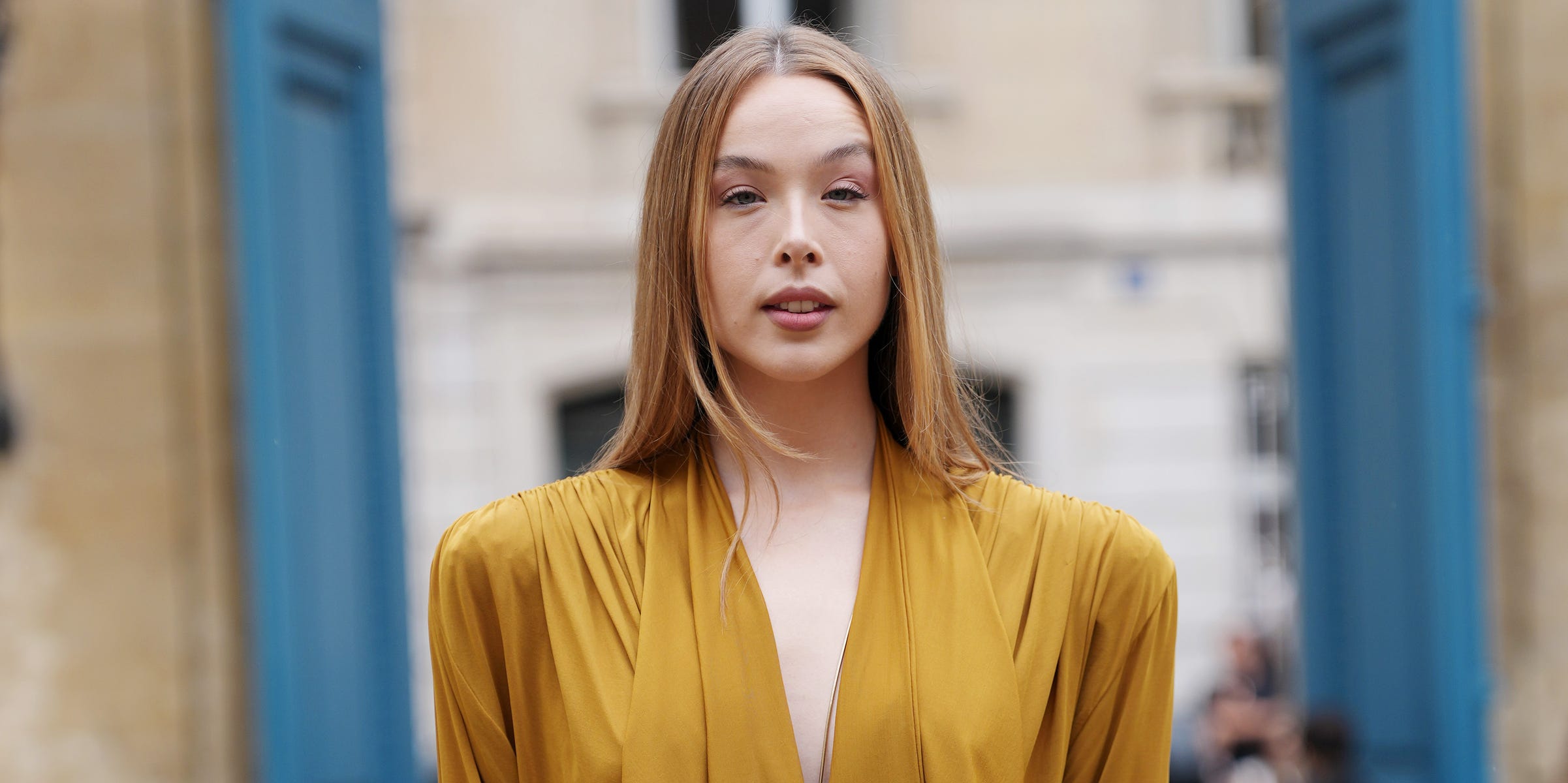 Ella Beatty looked ready for fall in a mustard mini-dress at Paris ...