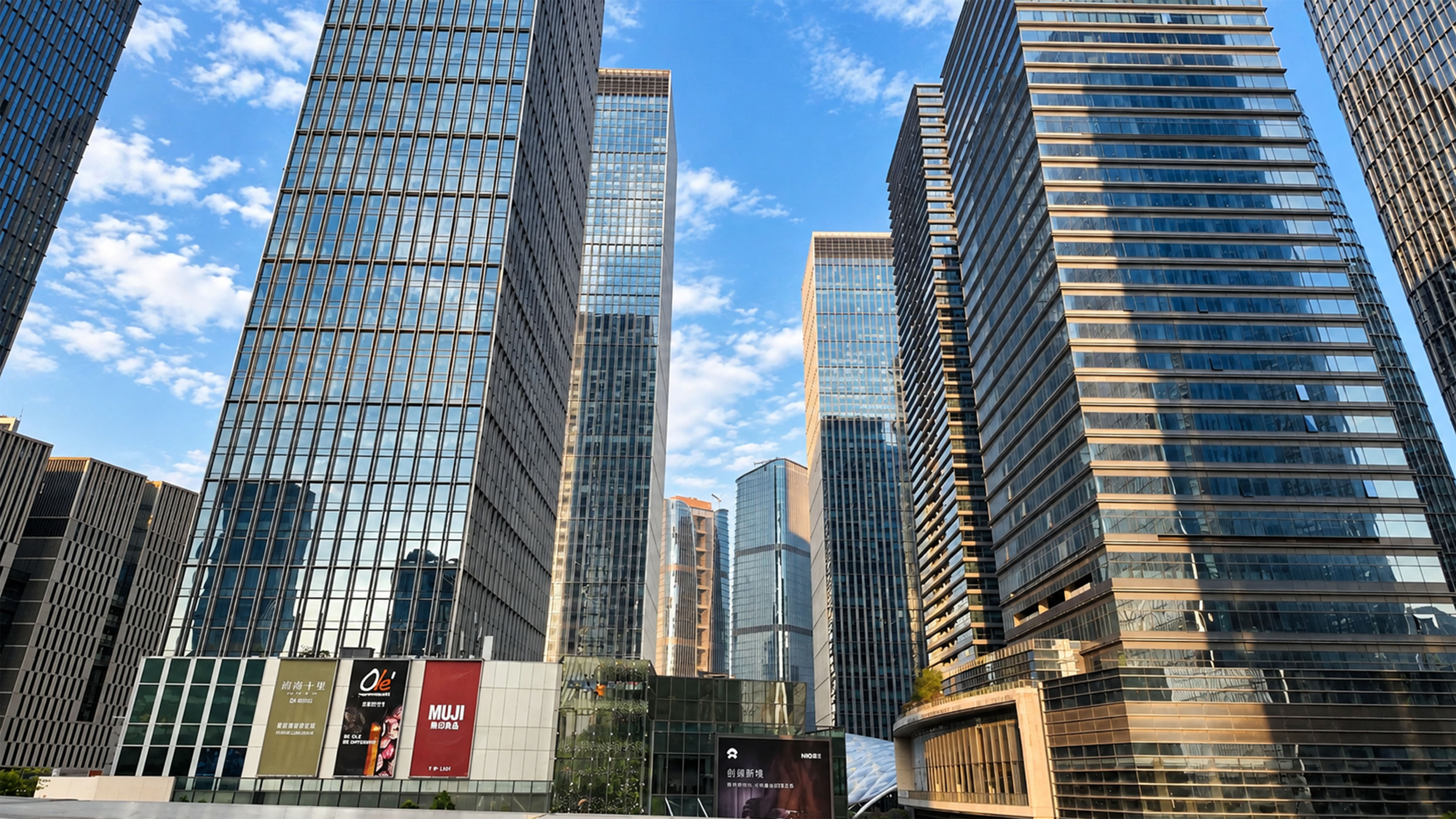 Futuristic glass buildings surround this unexpected space in China