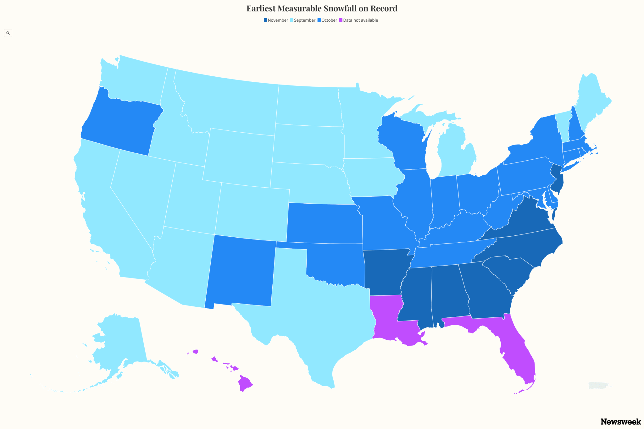 Map shows earliest snow dates in US as 11 inches to hit Alaska