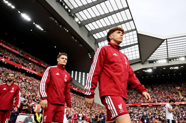 LIVERPOOL, ENGLAND - SEPTEMBER 12: (THE SUN OUT, THE SUN ON SUNDAY OUT) Florian Wirtz and Victor Munoz of Liverpool walk out before the Premier League 2026/27 match between Liverpool FC and Fulham at Anfield on September 12, 2026 in Liverpool, England. (Photo by Liverpool FC/Liverpool FC via Getty Images)
