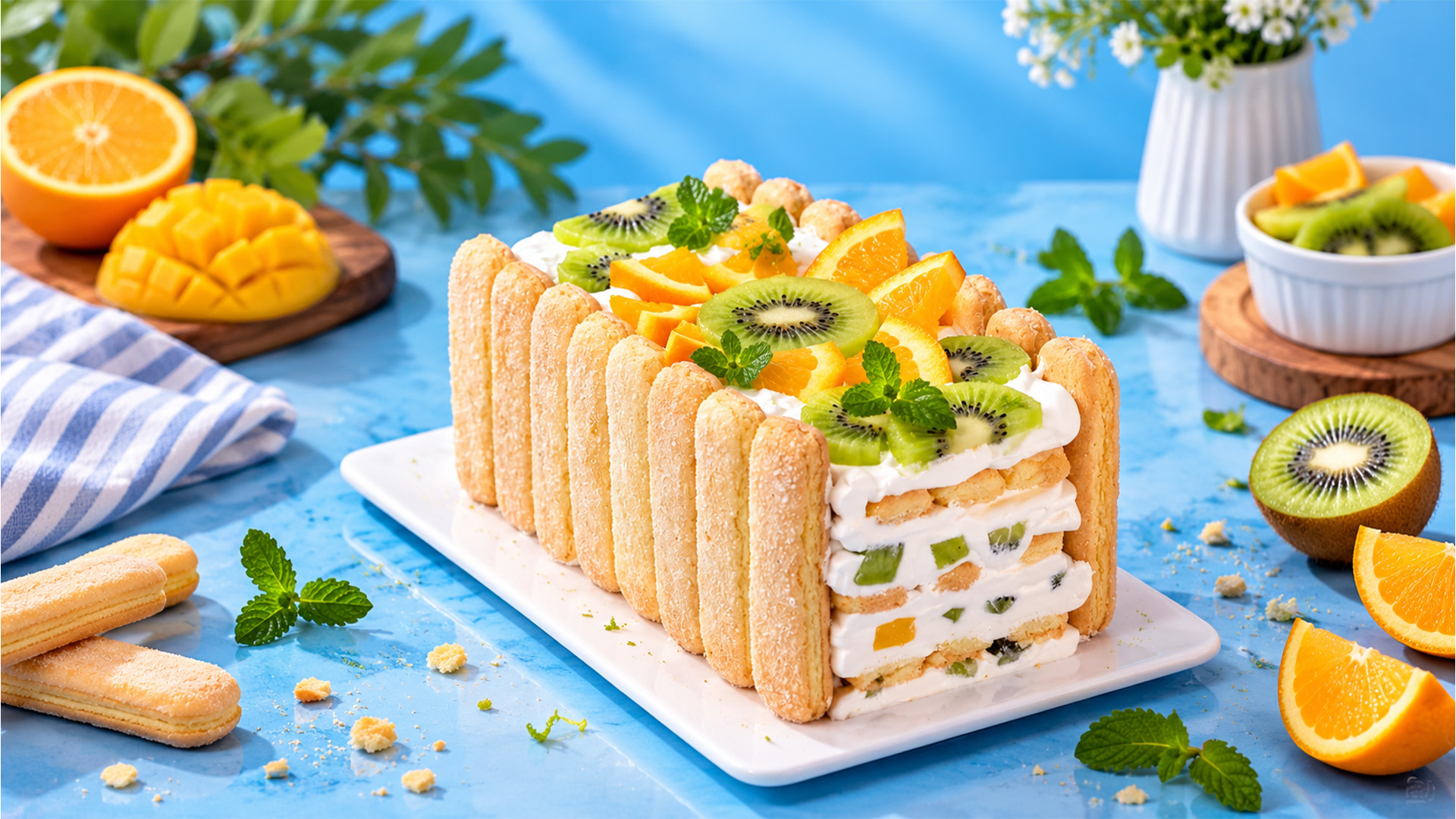 Ladyfinger cream cake layered with kiwi and orange