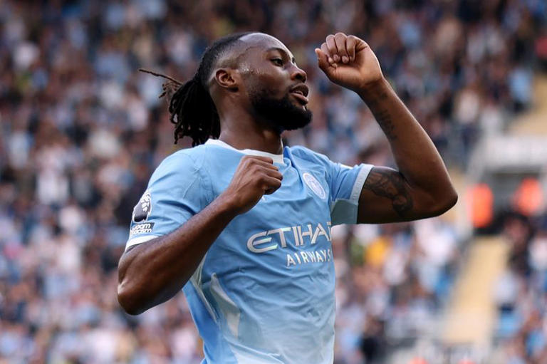 MANCHESTER, ENGLAND - SEPTEMBER 20: Antoine Semenyo of Manchester City celebrates scoring his team’s third goal during the Premier League 2026/27 match between Manchester City and Sunderland at Etihad Stadium on September 20, 2026 in Manchester, England. (Photo by Carl Recine/Getty Images)