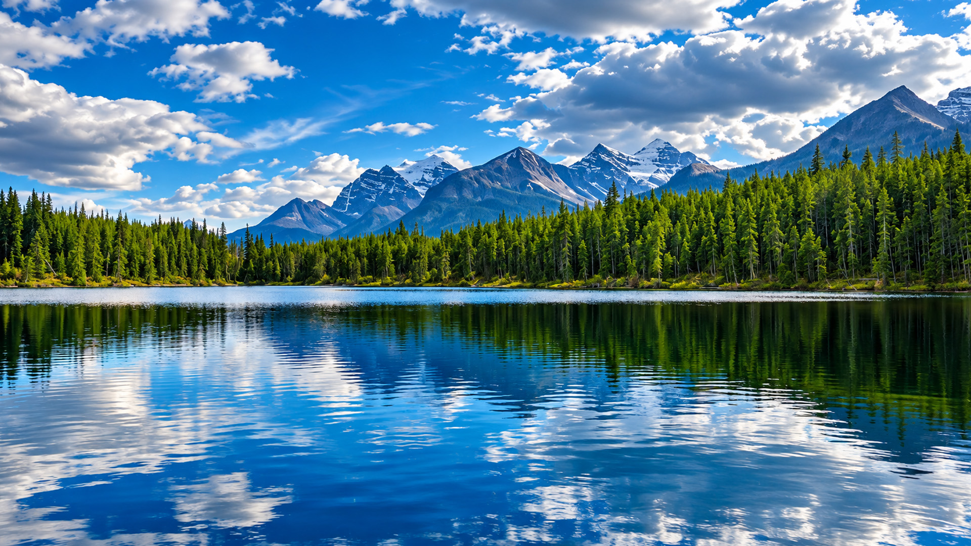 Herbert Lake reflecting the Canadian Rockies like a mirror