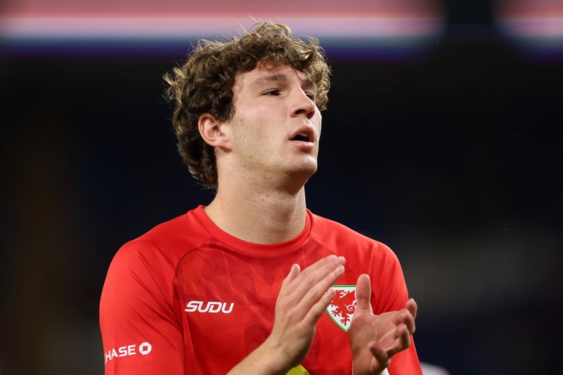 Lewis Koumas of Wales applauds the fans during the warm up before the UEFA Nations League 2026/27 group phase match against Wales