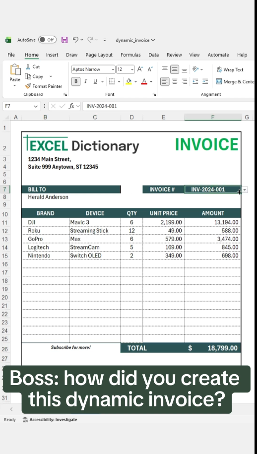 Building an Excel invoice with automatic calculations