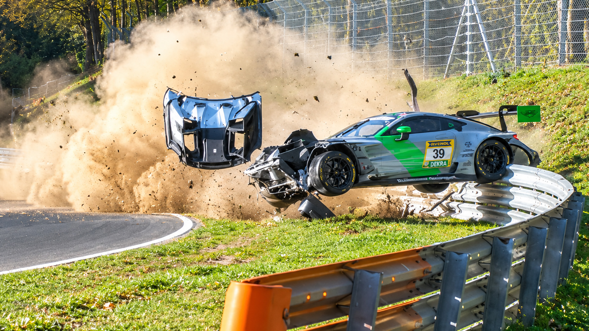 GT3 race car goes airborne after a high-speed barrier crash