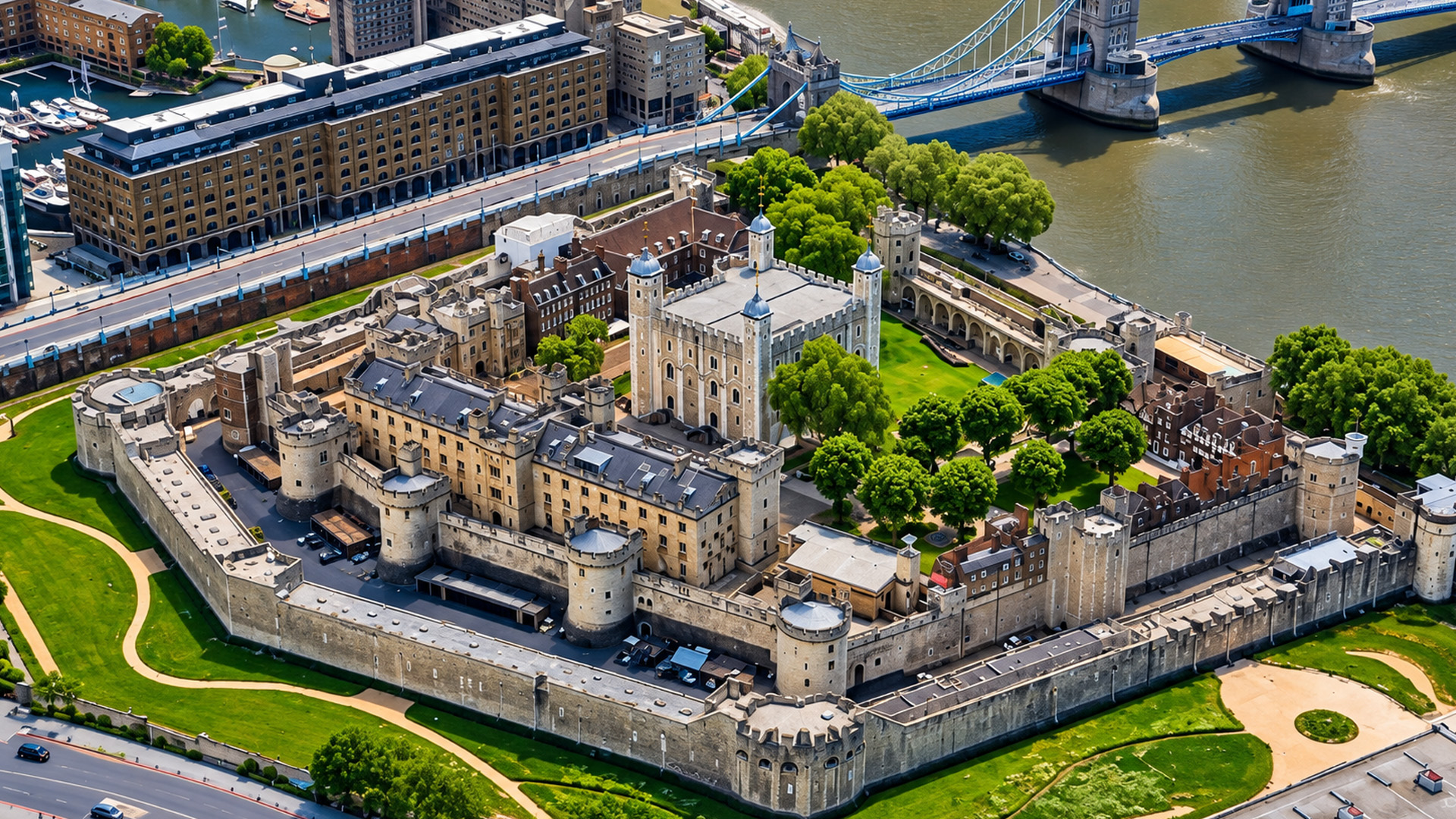 Tower of London umgeben von historischen Mauern und Blick auf die Themse