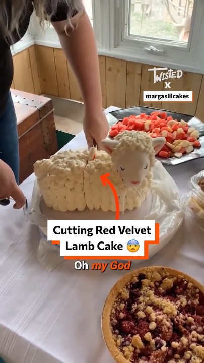 Cutting red velvet lamb cake