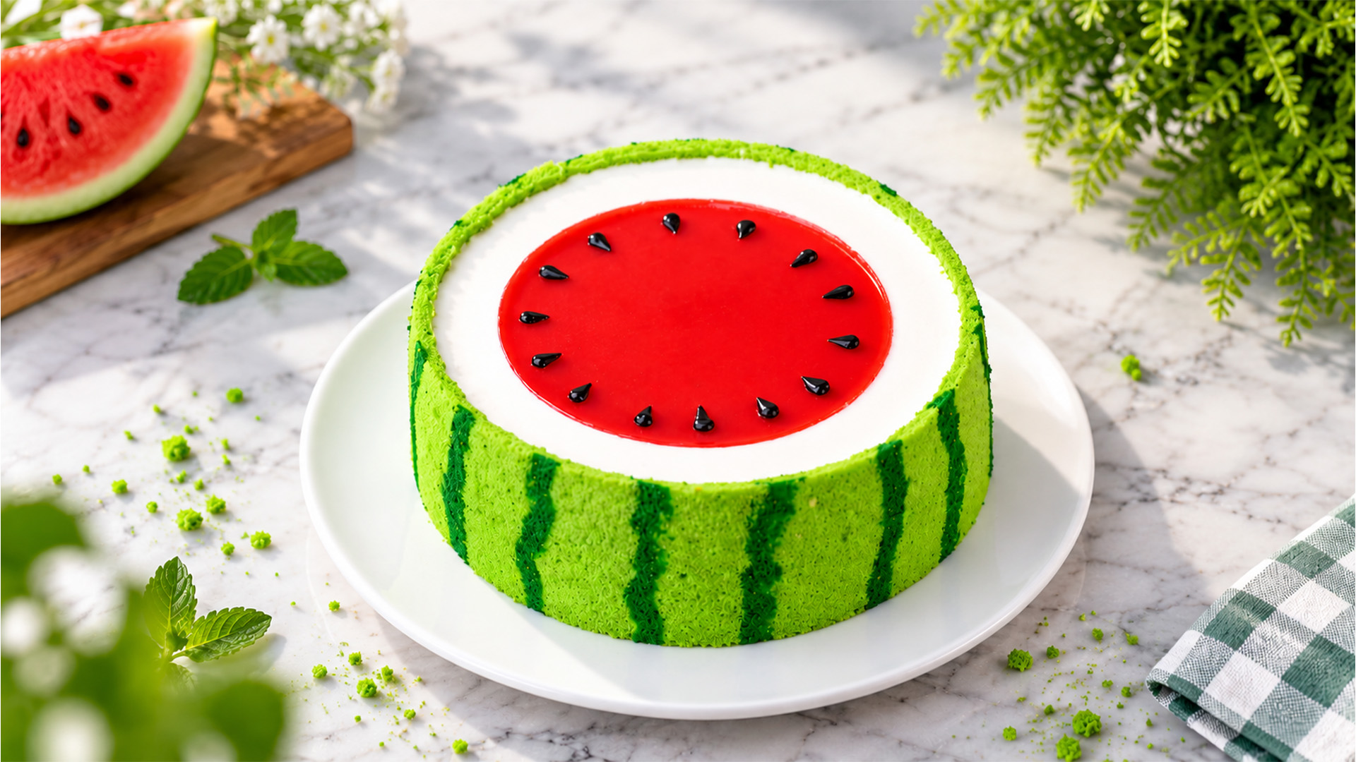 Watermelon inspired cake with a glossy red jelly top