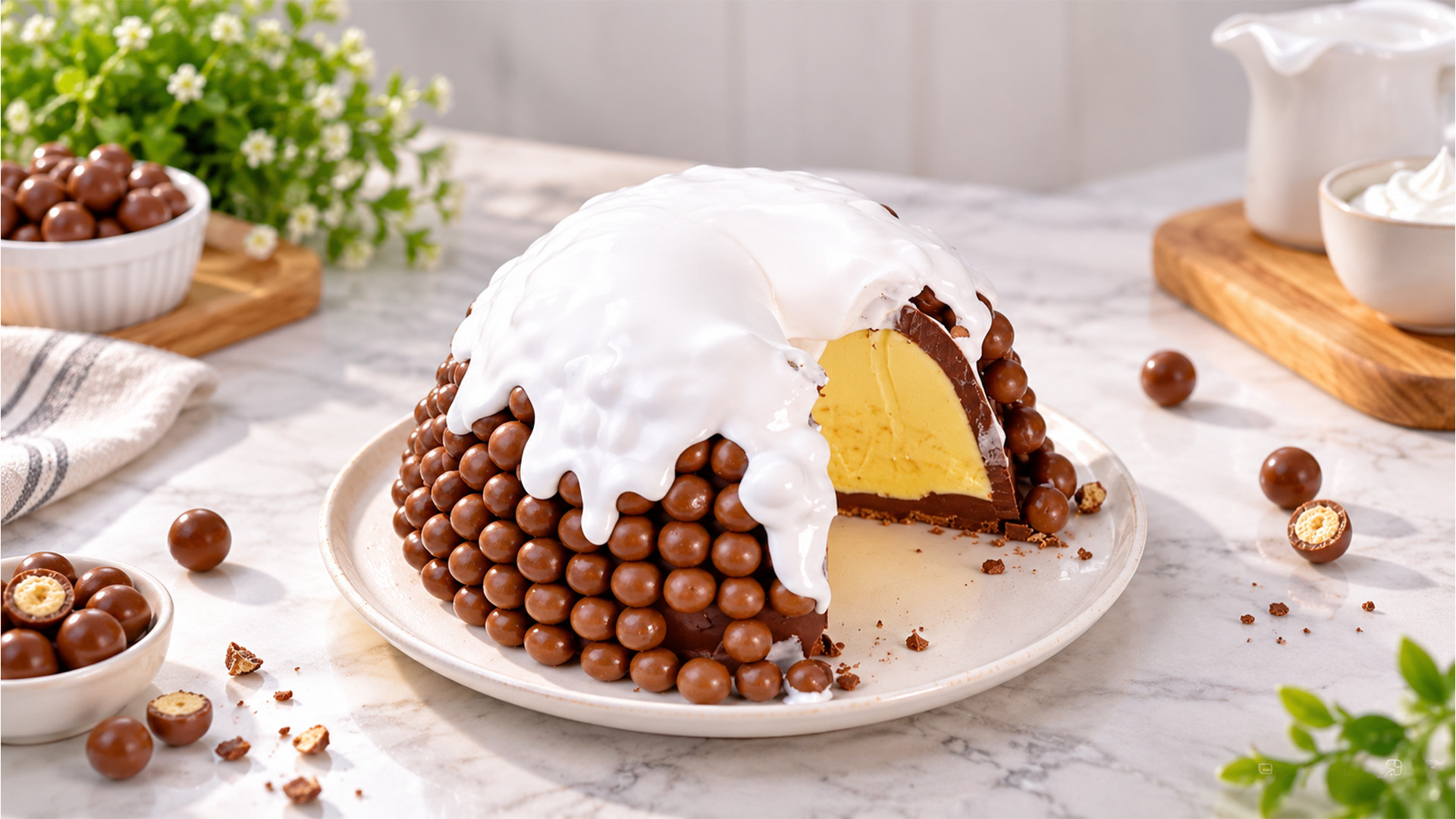 Chocolate candy dome with golden mousse inside