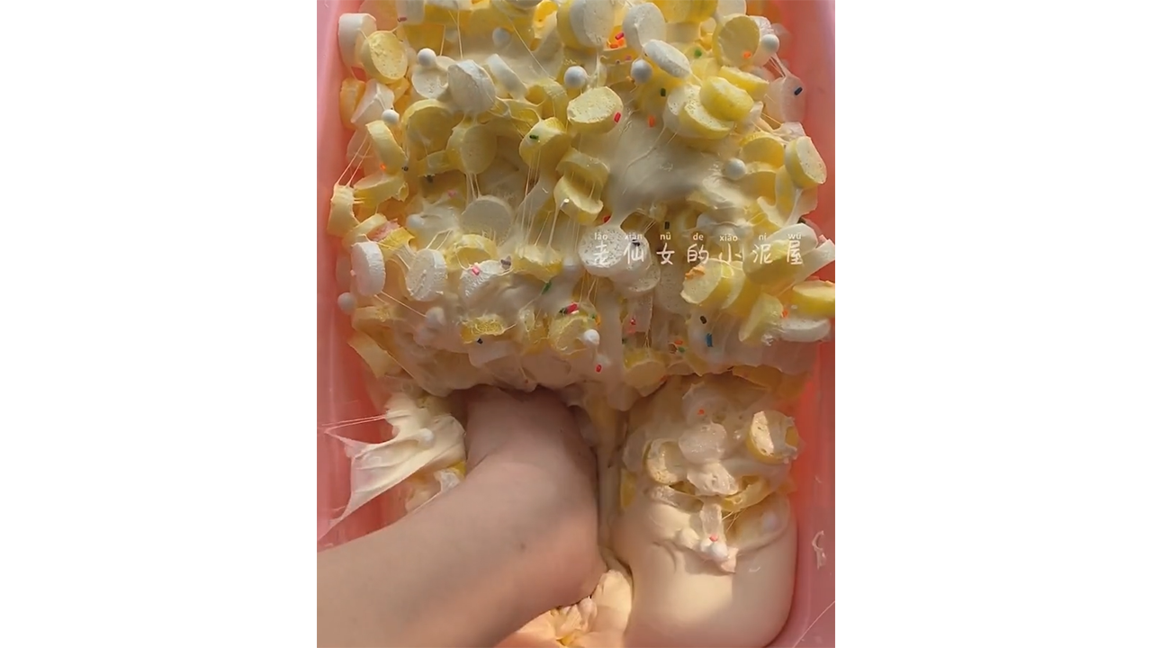 Squeezing Yellow Foam Slime Producing Sticky Satisfying Crunch Layers