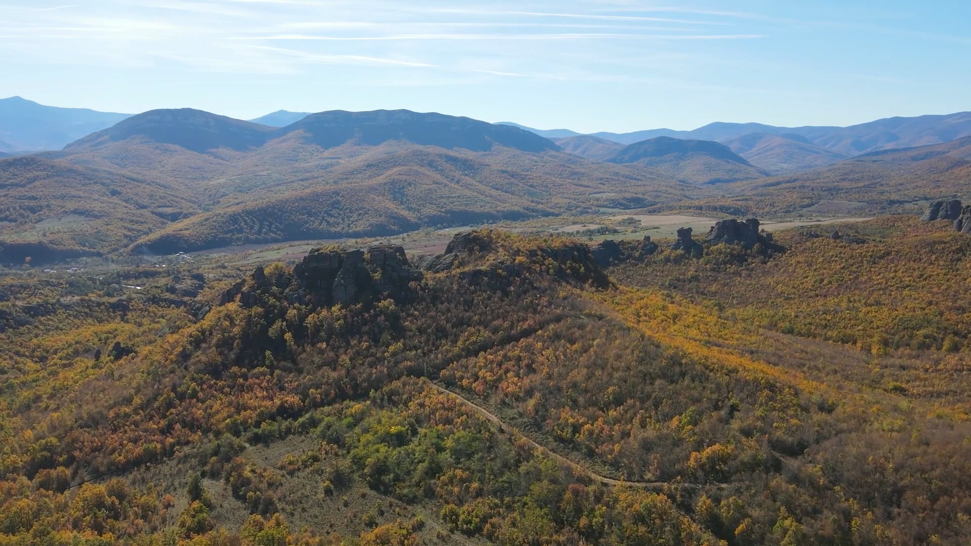 Drone views of rock maze in Belogradchik, Bulgaria