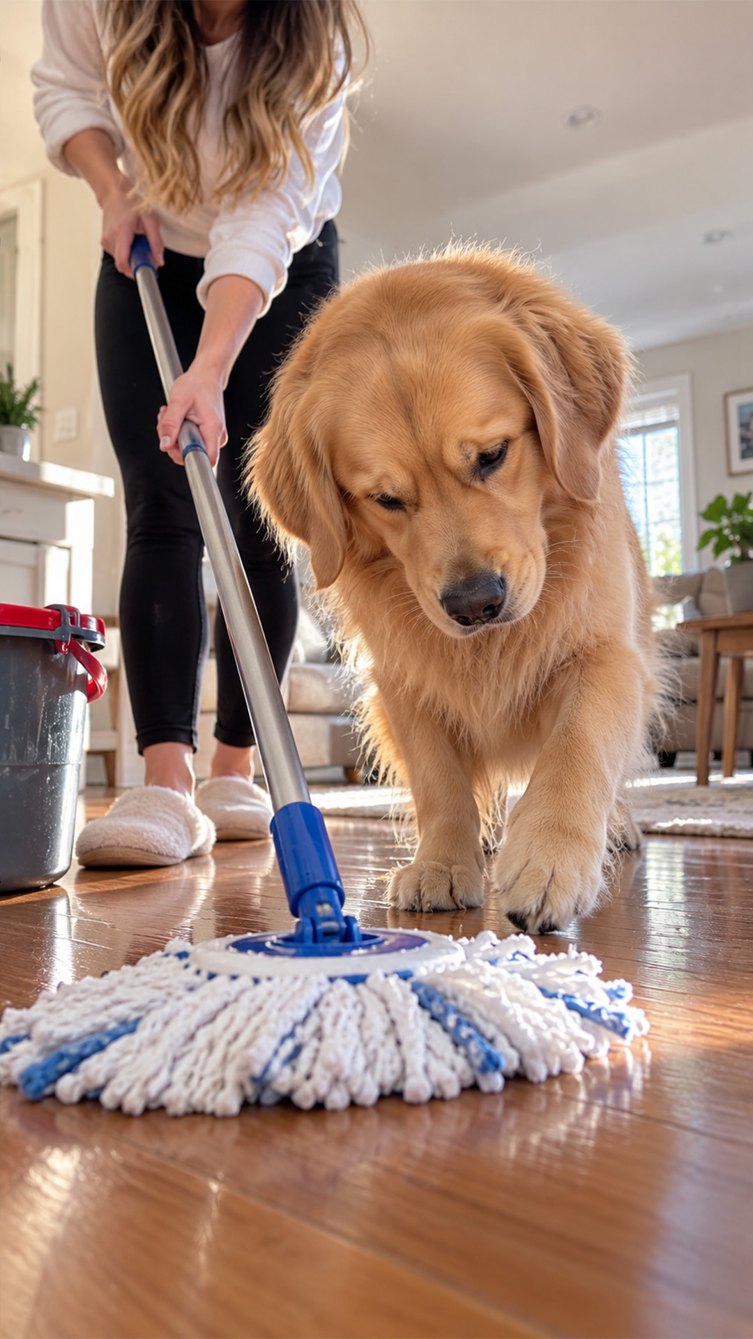 Golden retriever supervises cleaning time