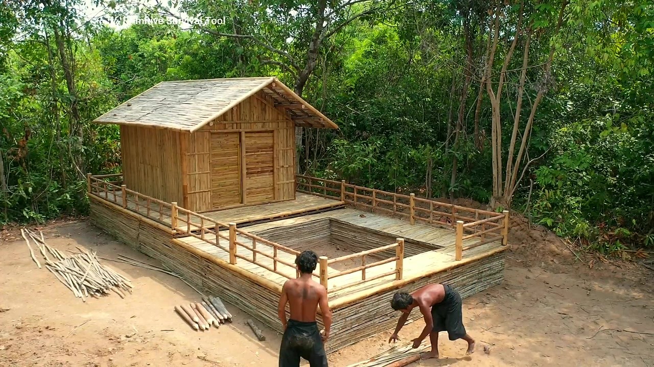 Building a jungle villa with a swimming pool using simple tools