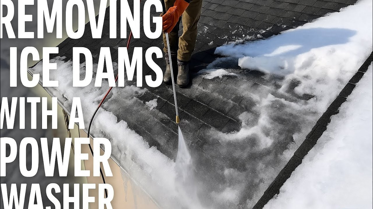 Pressure washer ice dam removal for roof protection