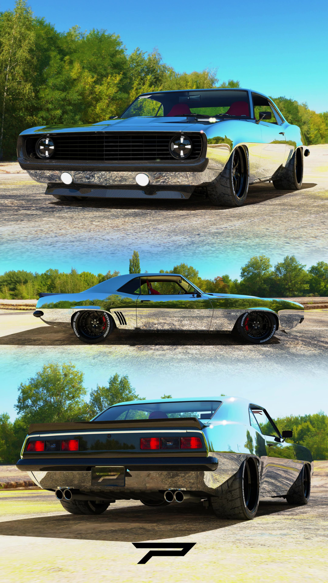 Restomod 69 Camaro design with a stunning chrome finish