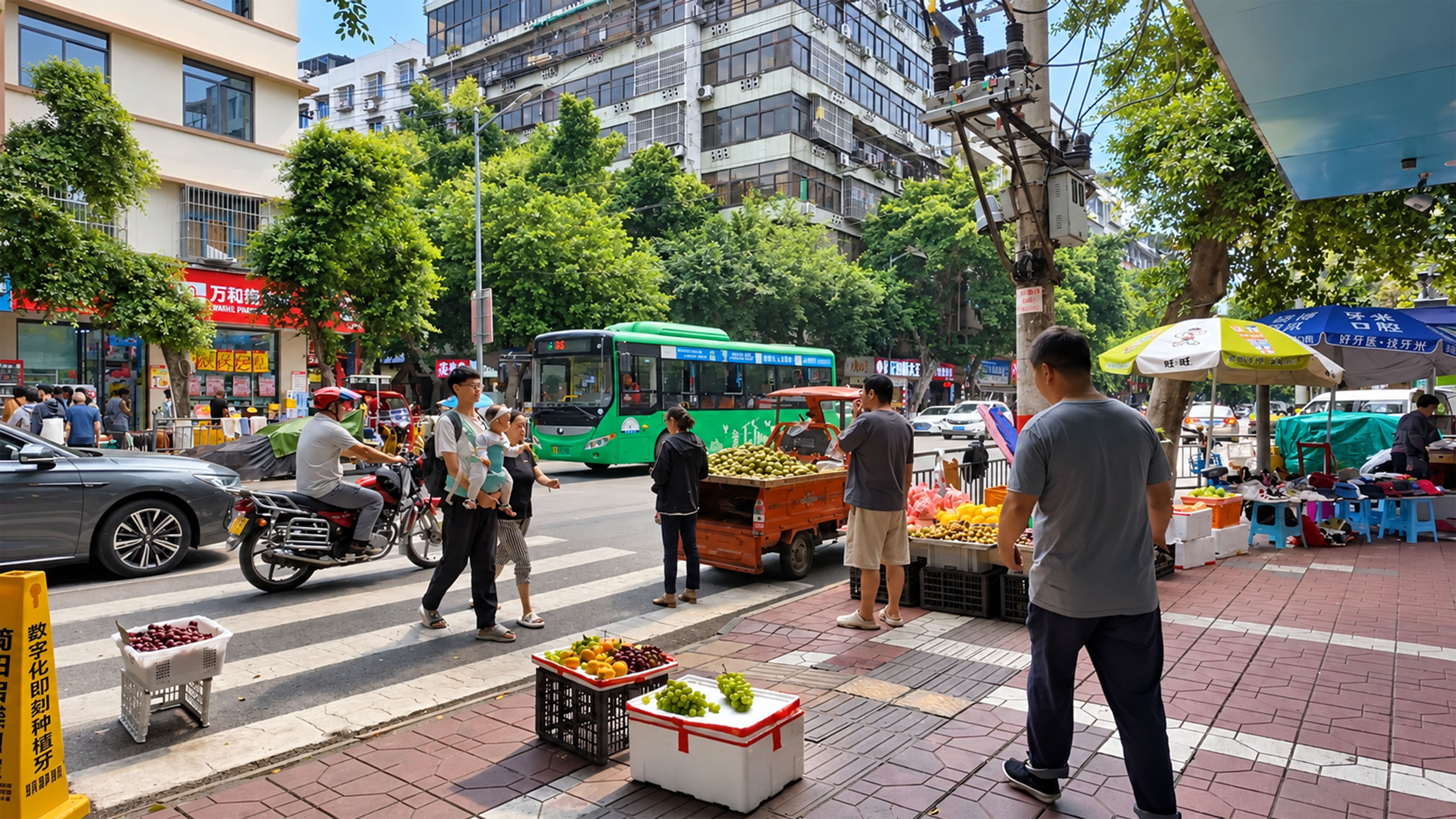 China’s busy street reveals traditional vendors beside modern transport